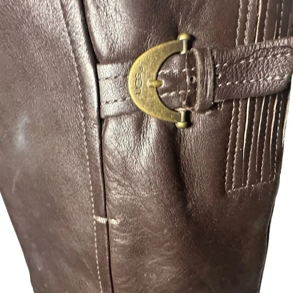 UGG Australia Amberlee Espresso Leather Equestrian Style Boots, Size 9.5